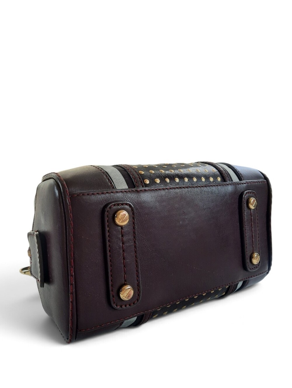 HENRI BENDEL Steampunk Studded Satchel Crossbody Barrel Bag Hold Plum Striped - Picture 8 of 11